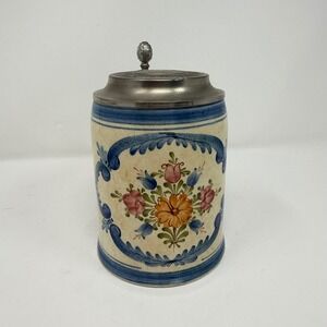 Wechsler Tiroler Keramik Beer Stein Handbemalt Austria Pewter Lid Floral Design